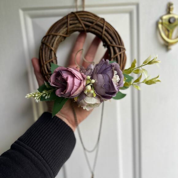 Handmade Floral Mini Wreath with Crystals, Moon & Chain Drop 6” Purple Pink - Picture 6 of 7